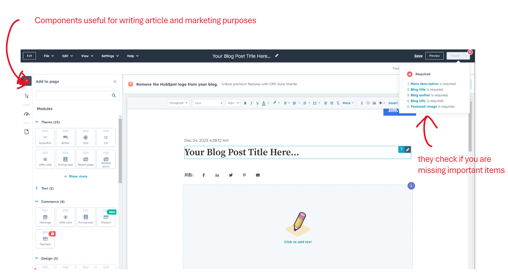 screenshot of HubSpot blog admin screen showing its editor