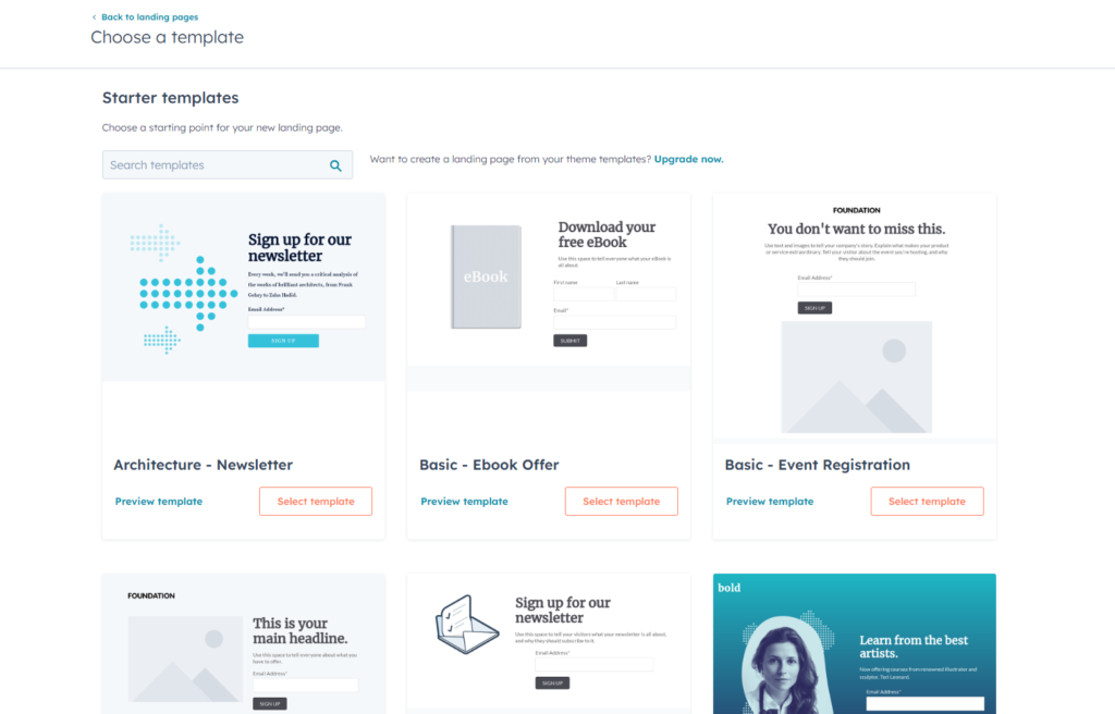 screenshot of templates provided within dashboard