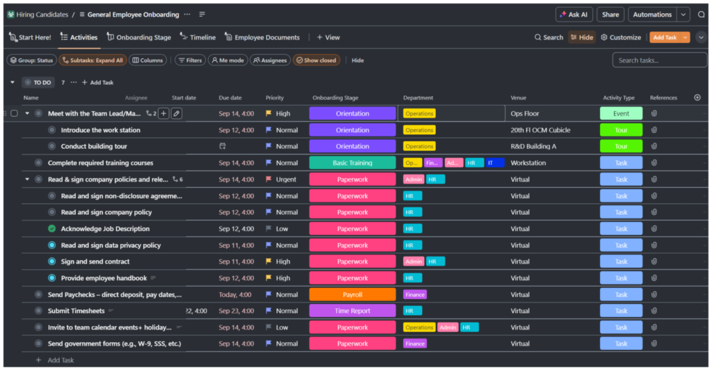 example of list view for onboarding tasks