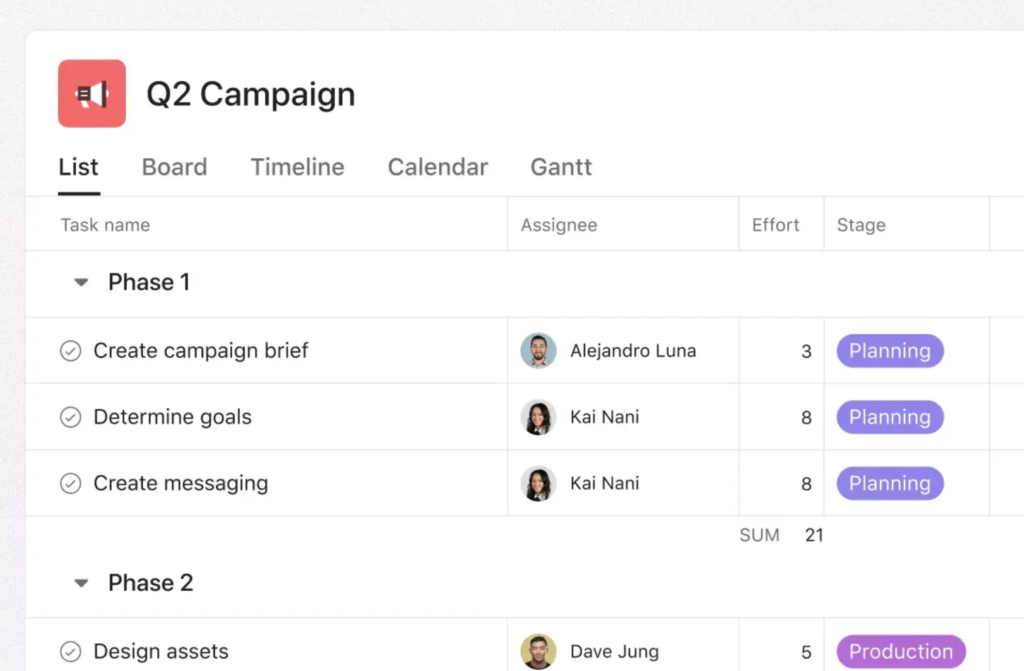 asana's list view screenshopt
