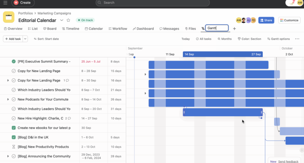 asana's gantt view example