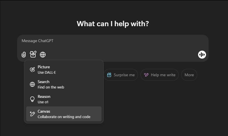 Clicking the toolbox icon in the input field displays the Canvas menu.