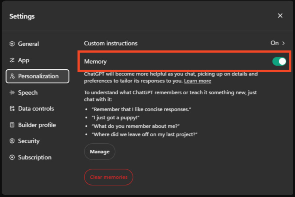 Settings for Memory feature Usage