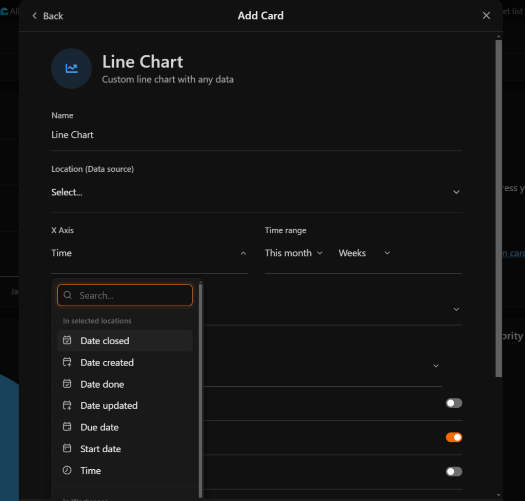 The line chart settings screen