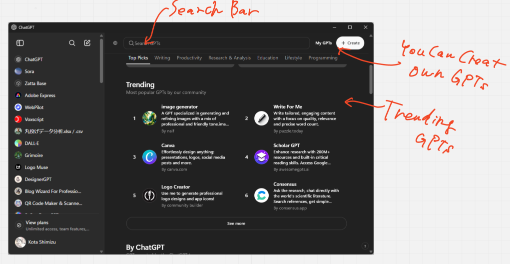 Cusom GPTs search menu