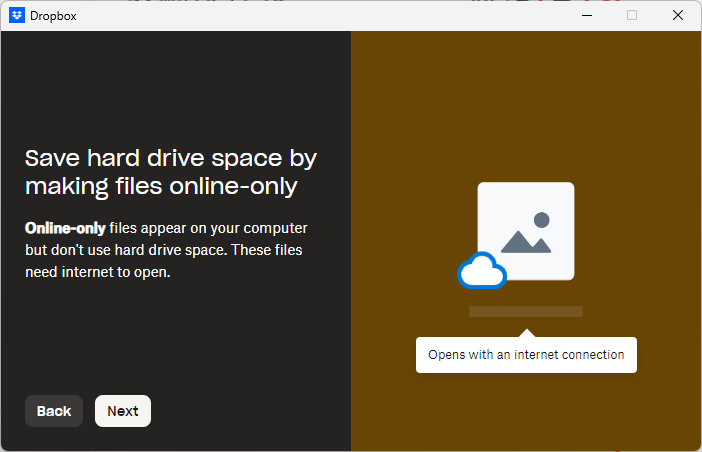 Modal window of Dropbox showing the details of online-only feature